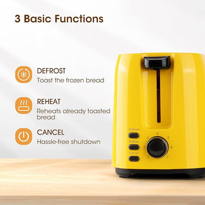 Yellow 2-Slice Toaster for Bread & Bagel, 7 Adjustable Browning Shades | 1.3in Extra Wide Slots, 750W Even Double-Side Toasting, Defrost Reheat Cancel Modes, Removable Crumb Tray & Cord Storage
