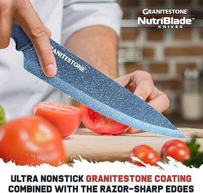 Granitestone Nutriblade Knife Set, High Grade Professional Chef Kitchen Knives Set, Knife Sets Toughened Stainless Steel w Nonstick Mineral Coating, Blue, 6 Piece