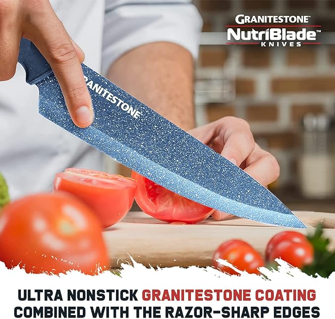 Nutriblade Knife Set with Block by Granitestone 6-Piece Professional Kitchen Chef’s Knives Ultra Sharp Stainless Steel Blades and Nonstick Granite Coating, Easy-Grip and Dishwasher-safe (Blue)