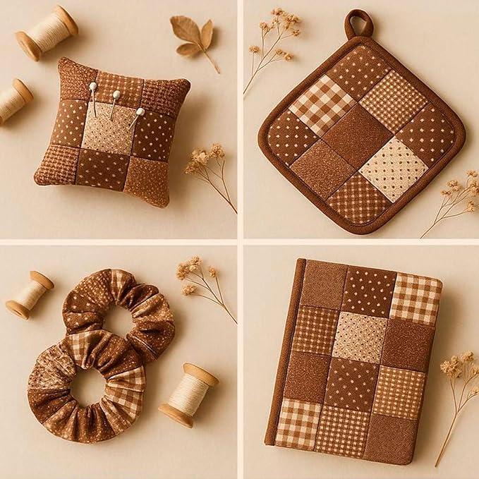Cotton Satin Patchwork Fabric Panel – 35 Designs, 20×20 cm Squares, Single Piece 150×110 cm, Brown Patchwork Quilt Fabric (Autumn Brown Patchwork Set, 35pcs 8x8 inch)