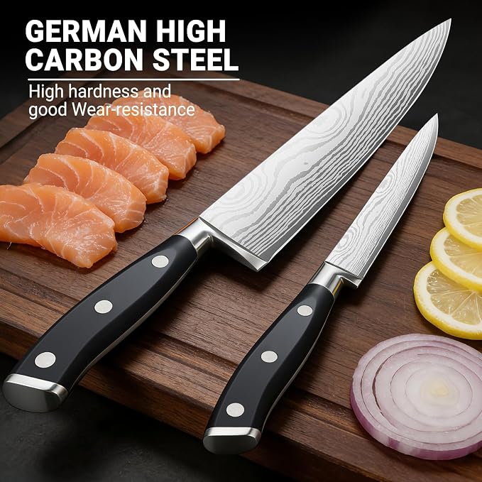2PCS Chef Knife Set, Razor Sharp Japanese Kitchen Knife Set, High Carbon Steel Damascus Pattern Chef's knives, Cooking Knife with Full Tang Handle Design for Home Kitchen