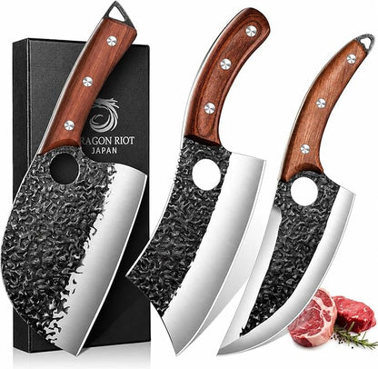 DRAGON RIOT Professional Butcher Knife Set for Meat Processing, 3Pcs High Carbon Steel Hand Forged Serbian Cleaver Chef Knife Set with Ergonomic Handles for Kitchen Outdoor Cooking