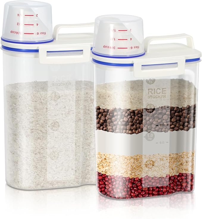 TBMax Rice Cereal Container Oatmeal Dispenser - 2 Pack Rice Storage Container with Measuring Cup + Easy Pouring Spout, Perfect for Flour Sugar Grain Nuts Kitchen Pantry Storage Organization