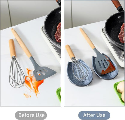 Hasense Spoon Rest for Stove top, Cooking Spoon Holder for Kitchen Counter, Ceramic Utensil Rest for Ladle, Spatula, Tong and Spoon, Heat-Resistant Spatula Holder Set of 2, Grayish Blue