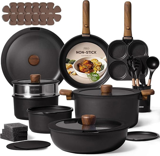 CAROTE 33pcs Pots and Pans Non Stick, Cookware Sets Detachable Handle, Induction Kitchen Pots and Pans,NonStick Cooking Set, Oven/Dishwasher/Fridge Safe, Space Saving, Mothers Day Gifts