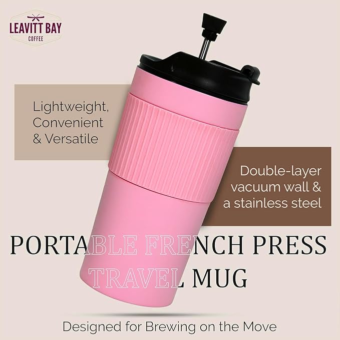 Portable French Press Travel Mug – Insulated Stainless Steel French Press Mug for Hot or Cold Brew – Durable Travel Coffee Maker – On-the-Go Tea & Coffee Maker (Pink)