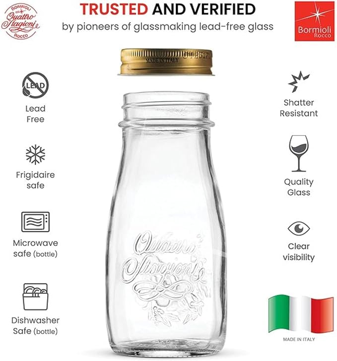 Bormioli Rocco Quattro Stagioni Bottles (Set of 6) - 13.5 Oz. Clear Glass with Twist Lids for Food Preserving, Beverage Serving, Homemade Gifts, Sauces & Infused Drinks - Airtight, Made in Italy