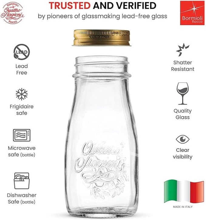 Bormioli Rocco Quattro Stagioni Bottles – 13.5 Oz. Glass Jars with Twist Lids, Microwave & Dishwasher Safe – For Canning, Cocktails, Gifts, Party Favors & Holiday Décor – Made in Italy (Set of 4)