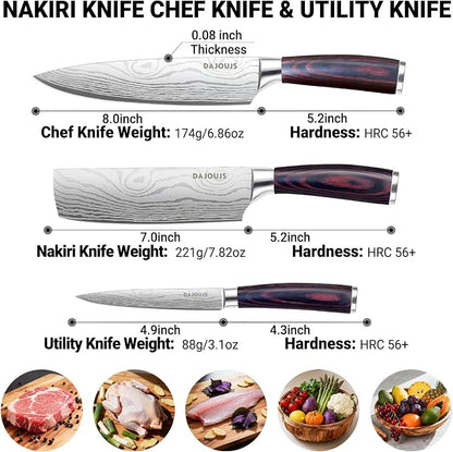 3-Piece Kitchen Chef Knife Set - 8" Chef Knife & 7" Nakiri Knife & 5" Utility Knife, Professional High-Carbon Stainless Steel Ultra Sharp Knives with Ergonomic Wood Handle & Gift Box for Cooking