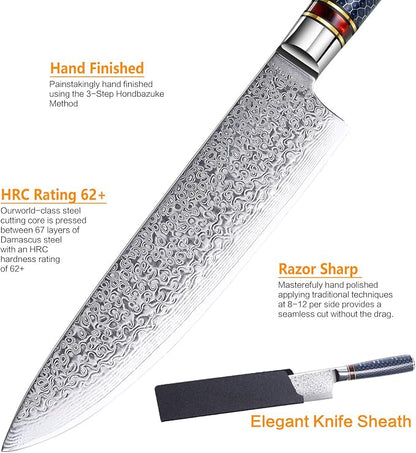 Chef Knife 8 Inch Damascus Chefs Knife Japanese VG10 Kitchen Knife Sharpest 67-Layer High Carbon Stainless Steel knife Cooking Knife, Meat Cutting Gyuto Chef Knife with Sheath(type 1)