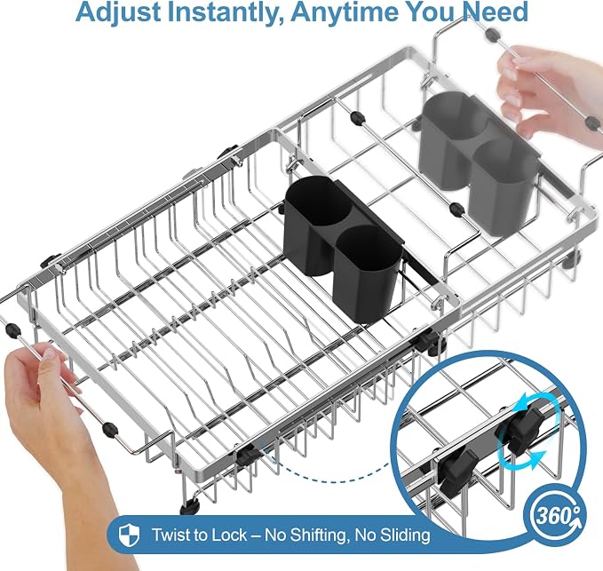 GSlife Dish Drying Rack Over the Sink - Expandable Stainless Steel Dish Drainer for Small Kitchen Apartment, Space Saving Sink Rack with Secure Lock Knob and Utensil Holder, Silver