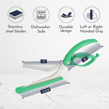 Green Pizza Scissors - Non-Stick Pizza Scissors with Firm Grip Base - Food Grade Stainless Steel Pizza Cutter - 5-in-1 Food Slicer & Pizza Server - Durable, Safe & Mess Free