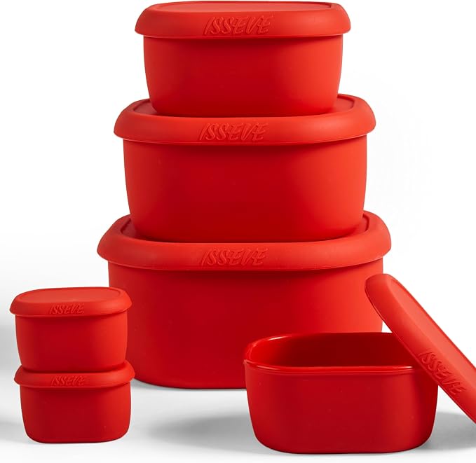 ISSEVE 6Pcs/Set Nesting Silicone Food Storage Containers with Lids, BPA Free Reusable Meal Prep Silicone Containers Lunch Box Bento Box Set (33.8oz, 20oz, 10oz, 6.7oz, 1.3oz) (Red)