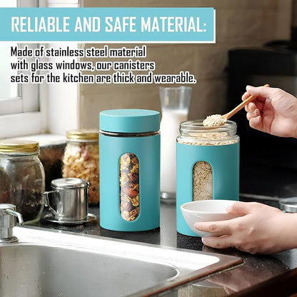Mimorou 3 Pcs Stainless Steel Canister Set with Glass Windows Visible Storage Jars Silver Kitchen Canister Set for Pasta Flour Oat Sugar Container, Kitchen Tools, Housewarming Gifts(Turquoise,32 oz)