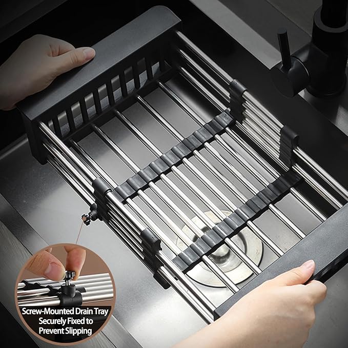 Dish Drying Rack, Adjustable Stainless Steel Drainer Basket Drain Tray for Dishes, Vegetables, and Fruit, On or in Sink Kitchen Basket Dish Drying Rack (Black)