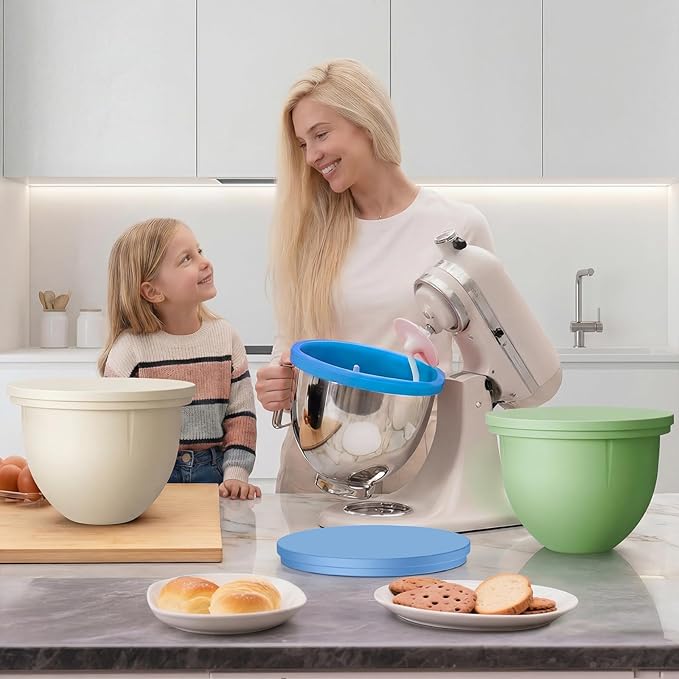 GuanQiao Silicone Bowl Liners for 5 Qt KitchenAid Mixers, 3 Liners with Lids, Blue/Beige/Green