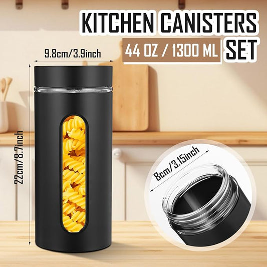 Mimorou 3 Pcs Stainless Steel Canister Set with Glass Windows Visible Storage Jars Silver Kitchen Canister Set for Pasta Flour Oat Sugar Container, Kitchen Tools, Housewarming Gifts(Black,44 oz)
