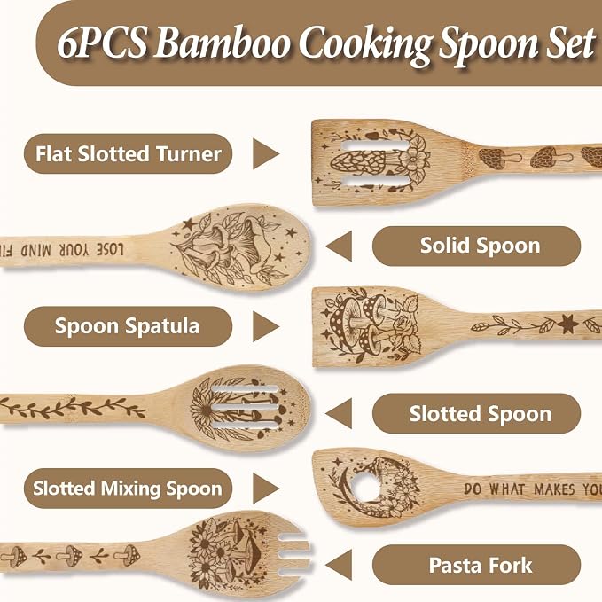 6Pcs 6 Styles Mushroom Cooking Utensils Bamboo Kitchen Spoons 2.4 x 11.8 Inch Moon Star Flower Durable Wooden Spoon Set for Men Women Housewarming Birthday Decor Gift Apartment Essential