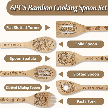 6Pcs 6 Styles Mushroom Cooking Utensils Bamboo Kitchen Spoons 2.4 x 11.8 Inch Moon Star Flower Durable Wooden Spoon Set for Men Women Housewarming Birthday Decor Gift Apartment Essential