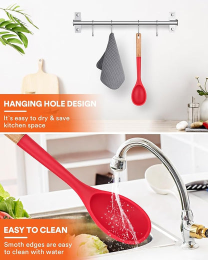 Large Silicone Cooking Spoons, Nonstick Solid Wooden Handle Spoon, Heat Resistan Silicone Kitchen Spoons for Cooking, Serving, Basting, Mixing, 13.2inch (RED)