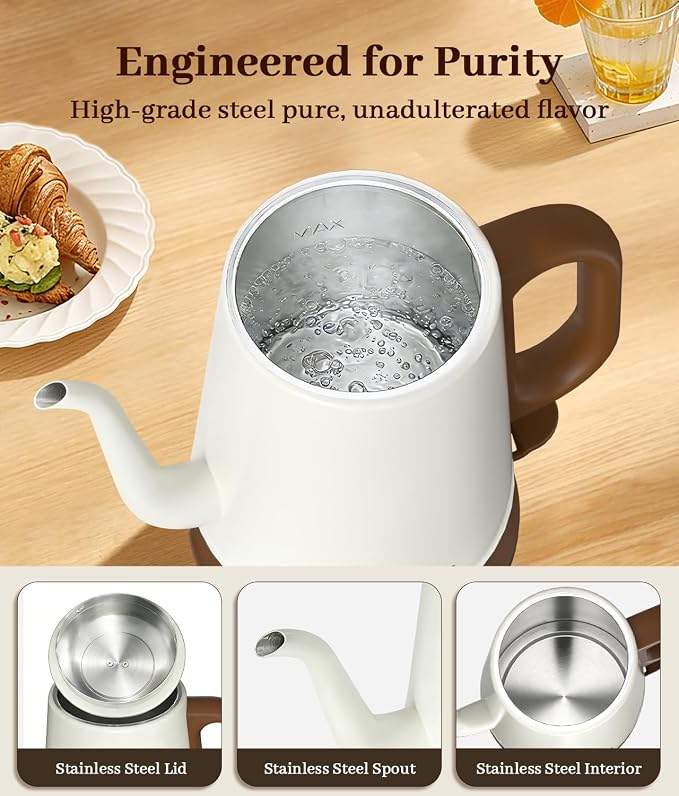 Gooseneck Electric Kettle 1L, 1000W Fast Boiling for Pour-Over Coffee & Tea, 304 Stainless Steel BPA-Free, Precise Flow Spout, Auto Shut-Off & Boil-Dry Protection, Retro Style (White)