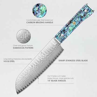 Damascus Santoku Knife, Japanese Knife 10Cr15MOV Blade with Hand Forged Hammer Pattern Chef Knife, Hand forged VG10 steel cooking knife, Ergonomic abalone shell G-10 handle with Gift Box