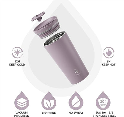 Ideus 17 oz Travel Coffee Mug, Double Wall Vacuum Stainless Steel Insulated Coffee Tumbler With Lid, Splash-Proof & Cup Holder Friendly, Keeps Drinks Hot/Cold, Dishwasher Safe, Purple