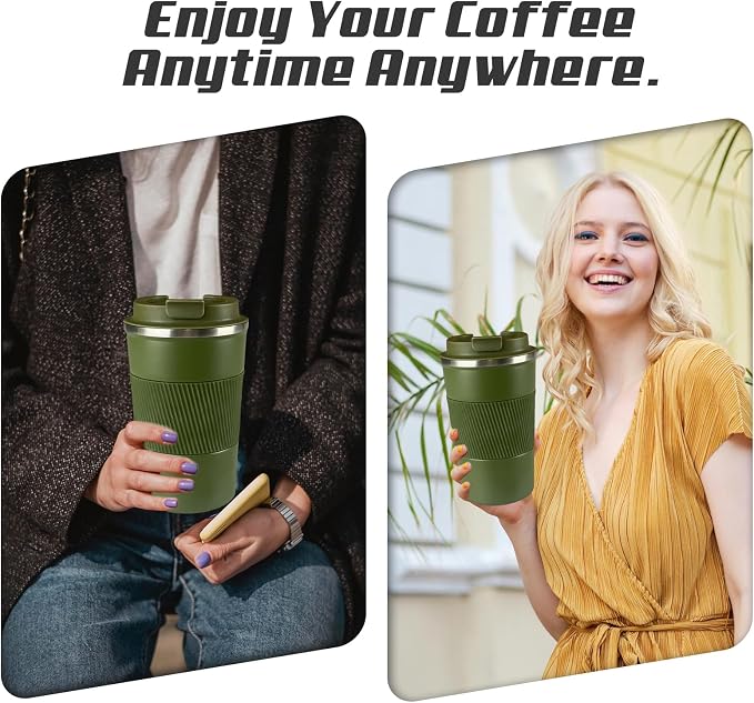 SPLMIFA Vacuum-Insulated Stainless Steel Travel Coffee Mug, Leak-Proof Reusable Coffee Cup with Lid - Keep Hot & Cold Drinks for Hours, Durable Insulated Tumbler for Men & Women(3rd-Green, 12OZ)