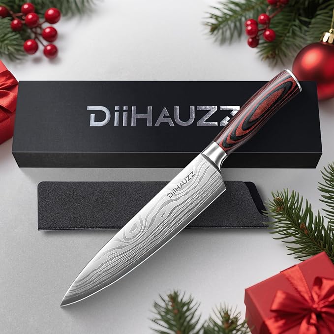 DiiHAUZZ 8 Inch Chef Knife, High Carbon Stainless Steel - Ultra Sharp Kitchen Gyutou Knife for Slicing Meat, Dicing Vegetables and Daily Meal Prep, Ergonomic Handle with Sheath, Fathers Day Gift