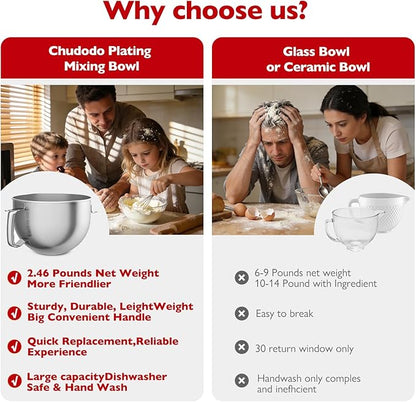 Stainless Steel Mixer Bowl, Compatible with KitchenAid Series 6QT Lift Stand Mixer, Suitable for KV25, KP26, KB26,Dishwasher Safe, Heavy Duty, No Residue, Ergonomic Handle