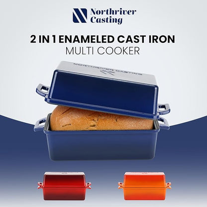 Northriver Casting 2 in 1 Enameled Cast Iron Bread Pan with Lid, Perfect Bread Oven, Loaf Pans for Baking Homemade Sourdough Bread 9x5, 2 Piece set, Navy Blue