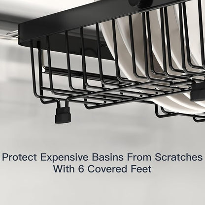 MAJALiS Expandable Stainless Steel Over The Sink Dish Drying Rack for Small Kitchen Counter Space Saving, Compact RV Plate Drainer Strainer in Black Wire Metal with Hanging Adjustable Utensil Holder