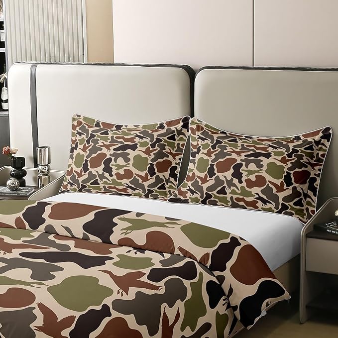 Duck Hunting Duvet Cover Set 100% Cotton Army Camo Full Size Bedding Set Green Brown Camouflage Military Comforter Cover for Kids Rustic Farmhouse Wild Animal Bedding with 2 Pillowcases(No Comforter)
