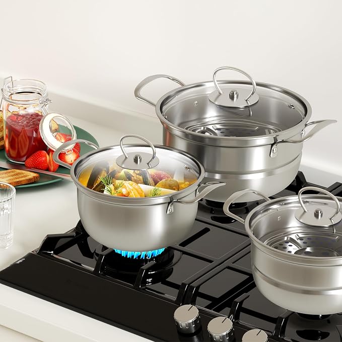 Stainless Steel Cookware Set, 12 Piece Pots Set with Steamer and Spoon, Kitchen Induction Cookware Set, Works with Induction, Kitchen Cooking Set with Glass,uncoated (Gray silver)