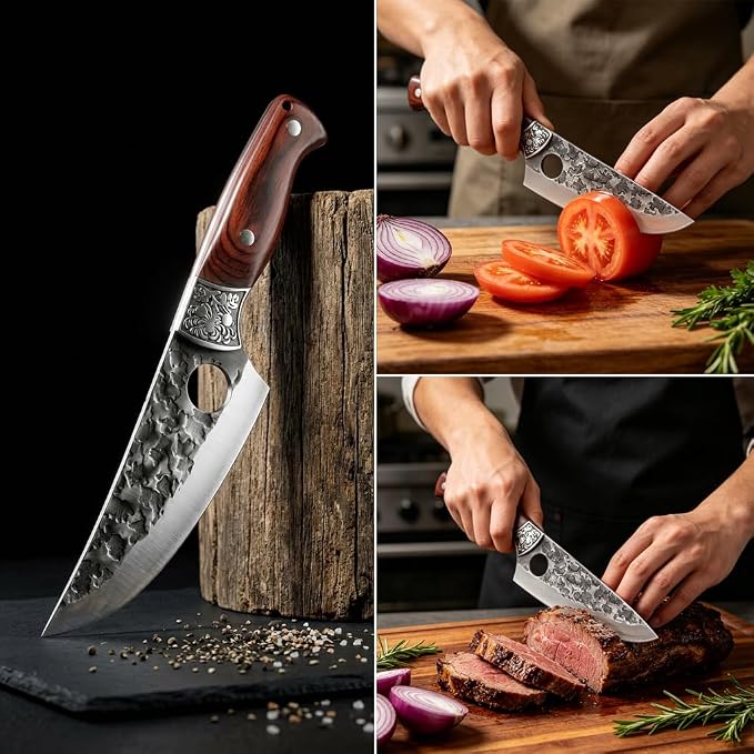 3PCS Butcher Knife Set High-Carbon Steel with Hammered Texture for Kitchen Stainless Steel Hand Forged Chef Knives, Nonslip Wood Handle, Meat Cutting Butchering Cleaver & Bone Chopper