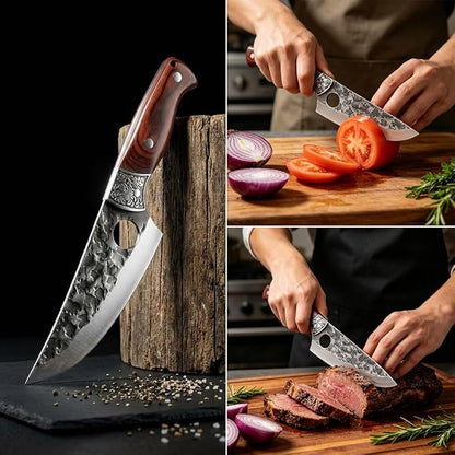 3PCS Butcher Knife Set High-Carbon Steel with Hammered Texture for Kitchen Stainless Steel Hand Forged Chef Knives, Nonslip Wood Handle, Meat Cutting Butchering Cleaver & Bone Chopper