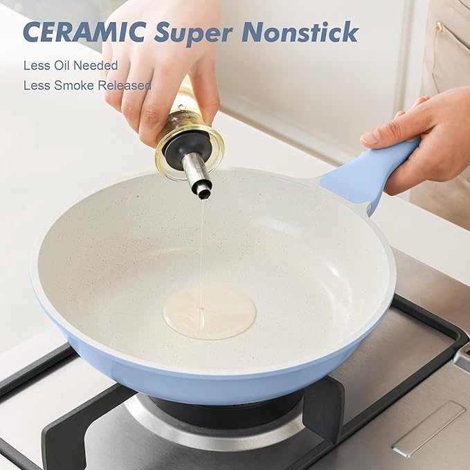 SENSARTE Nonstick Ceramic Frying Pan with Lid 9.5 Inch Omelet Pan Skillet, Free of Intentionally Added PFAS/PTFE Non-toxic Chef's Pan Induction Compatible Pan, Heat Resistant Handle, Glacier Blue