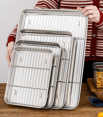 Extra Small Serving Trays with Cooling Wire Racks Set Stainless Steel 304 Tiny Baking Sheet Pans 9.3 x 6.9 Inch Dishwasher Safe for 1~2 Person 2 Pans & 2 Racks