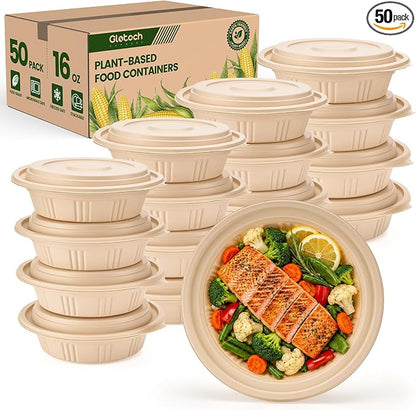 100 Piece (50 Pack) Meal Prep Bowl Containers with Lids, Cornstarch Round Food Containers for Lunch Salad Deli Soup, BPA Free Plant-based Take Out Containers Microwave & Freezer Safe, 16 oz