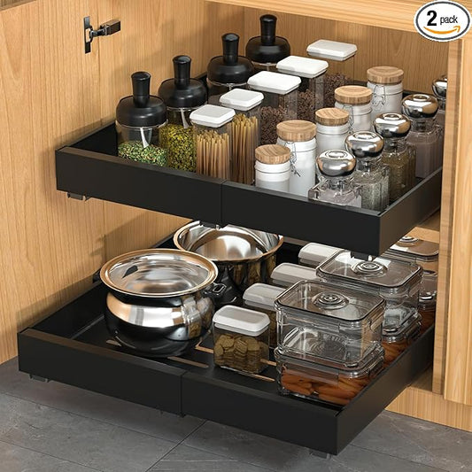 DEKAVA 2 Pack Pull Out Cabinet Organizer Expandable, Adhesive with Nano Film, Pull Out Drawers for Cabinets in Kitchen, Pantry or Bathroom (Black, 21" DEEP/[9.3"-14"] Width)