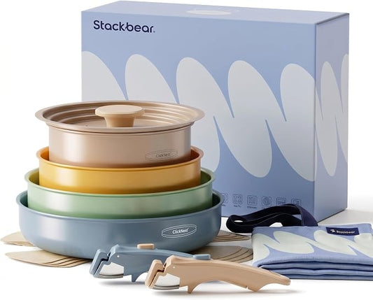 Ceramic Cookware Set, Detachable Handle Pots and Pans Non Stick, 12-Piece Camping Cooking Set Nonstick with Storage Bag, Anti-Scratch Pads, PFOA Free, RV Camping Essentials