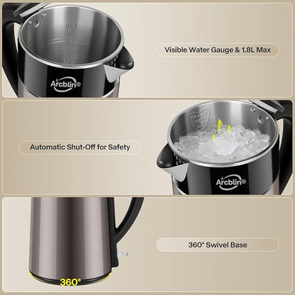 Electric Kettle 1.8L, 1350W Fast Boiling Tea Kettle and Hot Water Boiler, Double Wall Cool Touch Design with 100% Stainless Steel Interior, Auto Shut-Off & Boil-Dry Protection, Black and Gold