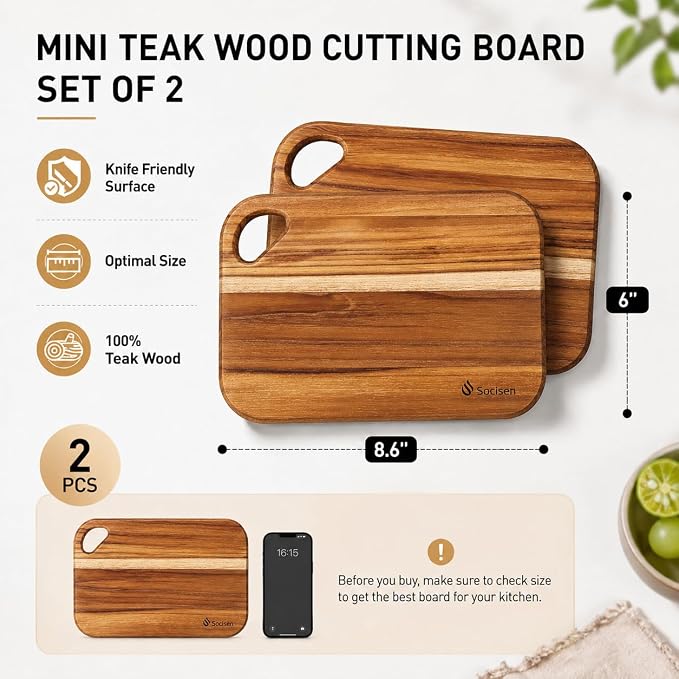 Socisen 2-Pack Small Teak Cutting Boards, 8.6" Mini Wood Charcuterie Board | Premium Teak Wood·FSC Certified·Lightweight Chopping Board·Non Toxic Serving Board·Tiny Cheese Board Set·Easy to Clean