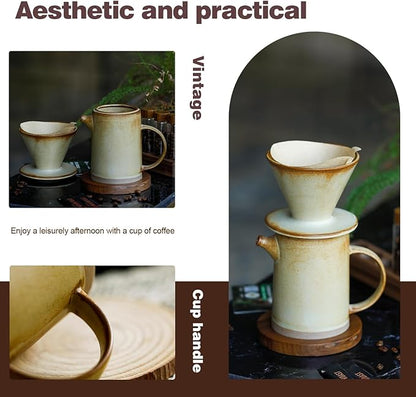 DIF DECO Pour Over Coffee Maker Set Vintage Ceramic Pour Over Coffee Dripper Set with 20 Count Paper Coffee Filters,for Home Café Restaurant Camping,15.8 Ounces(Yellow)