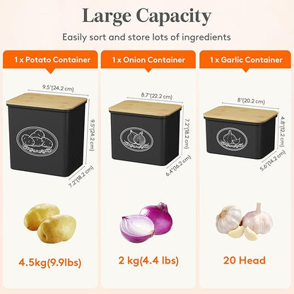 Lifewit Plastic Potato and Onion Storage Bin, Stackable Garlic Keeper with Aerating Holes and Lid, Vegetable Container Box for Pantry Countertop, Black, 24 x 18 x 24 cm/9.5 x 7 x 9.5 inch, Set of 3