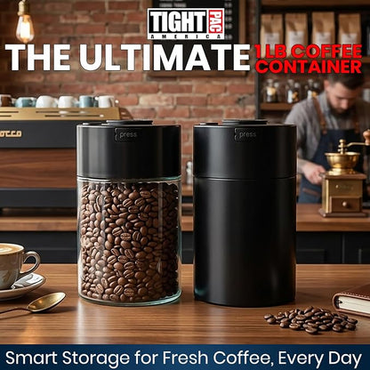 COFFEEVAC Pump It Out Airtight Coffee Container - Vacuum Coffee Storage Container for Ground Coffee Beans - Patented Vacuum Seal with Degassing Valve, 1 lb, Black