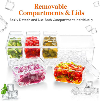 Lifewit Ice Chilled Condiment Caddy with 5x 20 oz Containers, Condiment Server with Lid & Metal Accessories, Serving Tray Platter with Removable Dishes for Bar, Fruit, Salad, Taco, Party Garnish