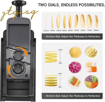 [All in 1] Vegetable Slicer with Adjustable Thickness, Easy to Clean Potato Mandoline Slicer with Container, Rapid Prep French Fry Veggie Cutter/Onion Slicer, Free Grater/Cleaning Brush (Black)