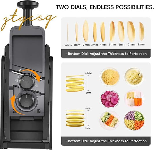 [All in 1] Vegetable Slicer with Adjustable Thickness, Easy to Clean Potato Mandoline Slicer with Container, Rapid Prep French Fry Veggie Cutter/Onion Slicer, Free Grater/Cleaning Brush (Black)