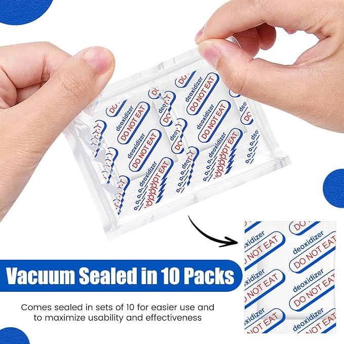 400CC Oxygen Absorbers for Long Term Food Storage, 100 Count (10 Packs of 10) - Food Grade for Mylar Bags, Airtight Containers, Freeze Dryer & Dehydrator, White